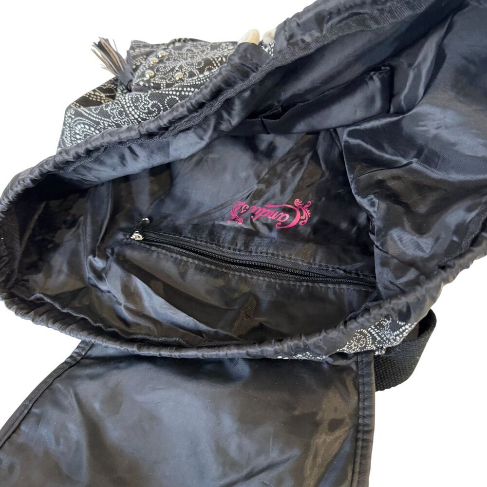Candie's Canvas Drawstring Backpack Black Floral Dotted Purse Studded Accent - Picture 7 of 7